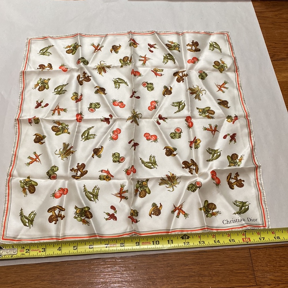 Dior Cream Silk Scarf with Red and Green Botanical Motif - Picture 8 of 10